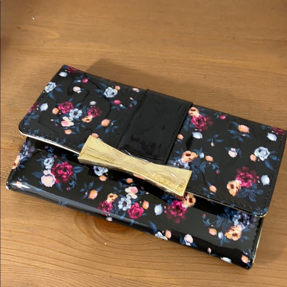 Betsey Johnson Black Floral Patent Wallet with Gold Bow Detail